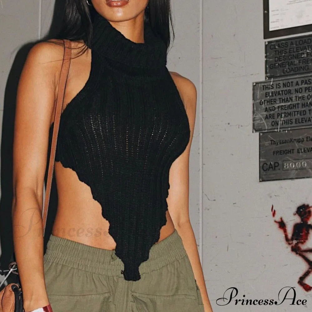 Knitted Turtleneck Stylish Backless Crop Top