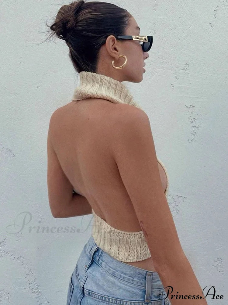 Knitted Turtleneck Stylish Backless Crop Top