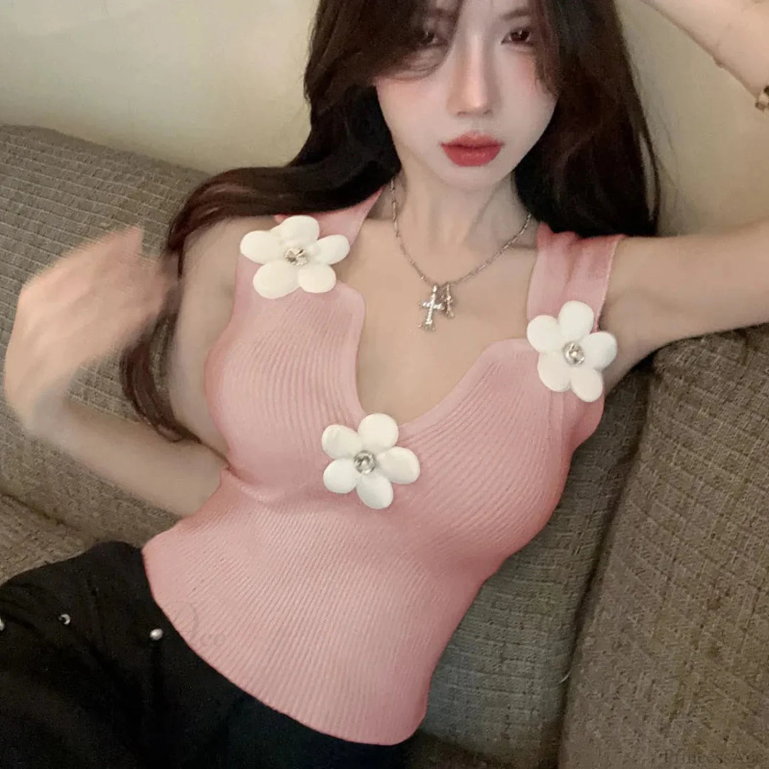 Korean 3D Floral Deep V-Neck Stretchy Crop Top