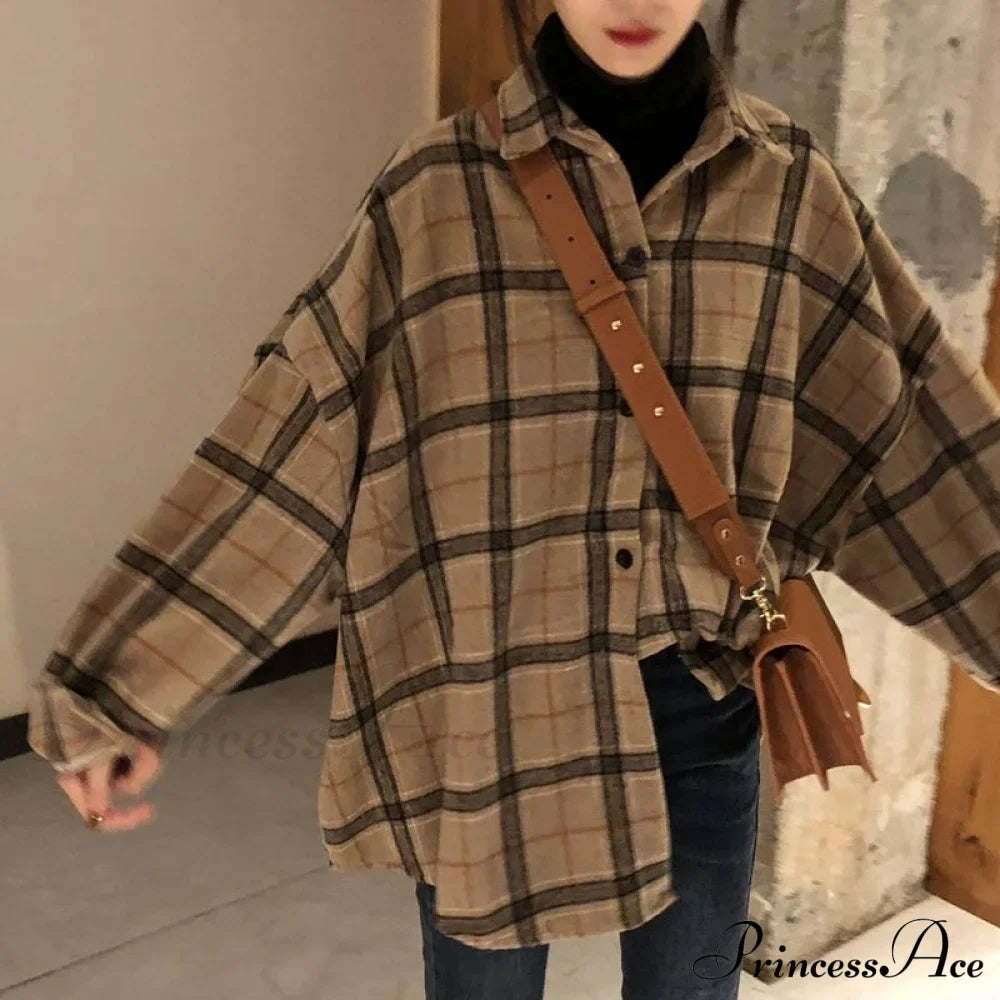 Korean Flannel Plaid Boyfriend Oversized Blouse Casual for Women Autumn Street Tunic Shirts Blouse Vintage Tops