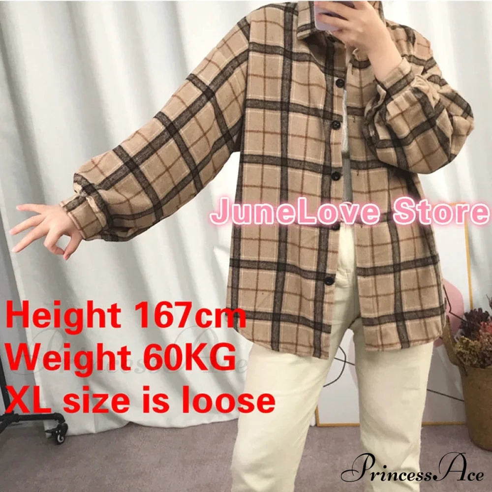 Korean Flannel Plaid Boyfriend Oversized Blouse Casual for Women Autumn Street Tunic Shirts Blouse Vintage Tops