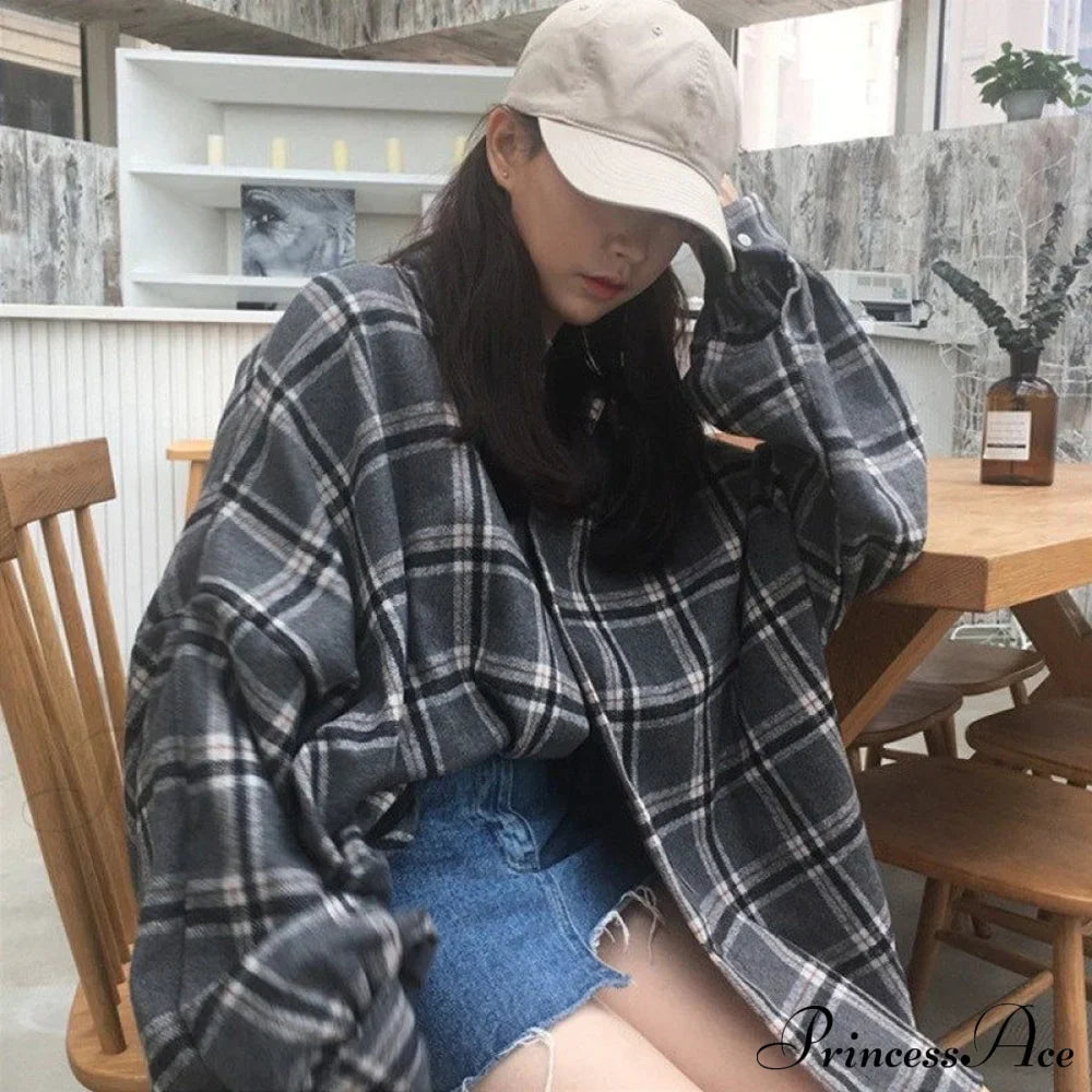 Korean Flannel Plaid Boyfriend Oversized Blouse Casual for Women Autumn Street Tunic Shirts Blouse Vintage Tops