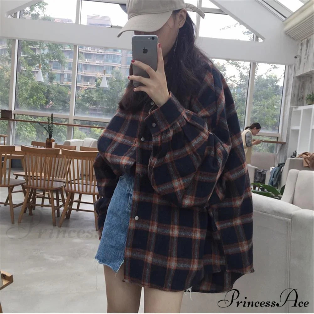 Korean Flannel Plaid Boyfriend Oversized Blouse Casual for Women Autumn Street Tunic Shirts Blouse Vintage Tops