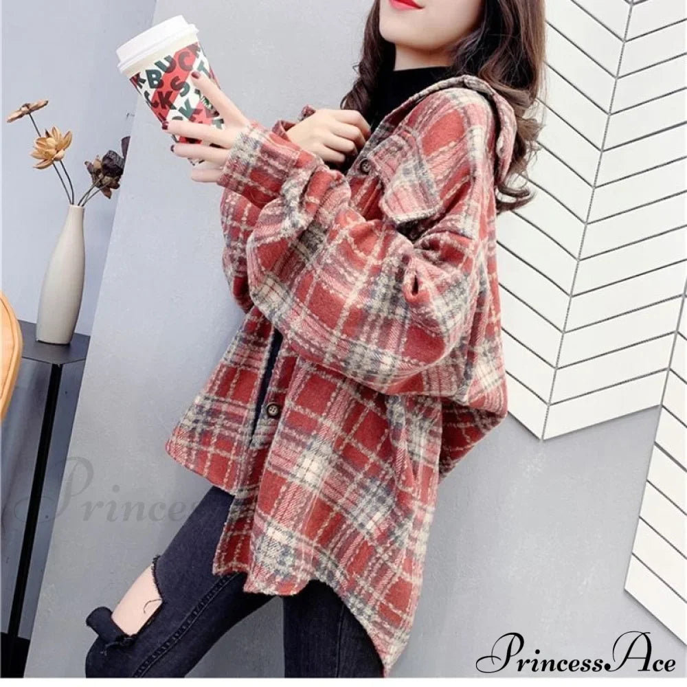 Korean Flannel Plaid Boyfriend Oversized Blouse Casual for Women Autumn Street Tunic Shirts Blouse Vintage Tops