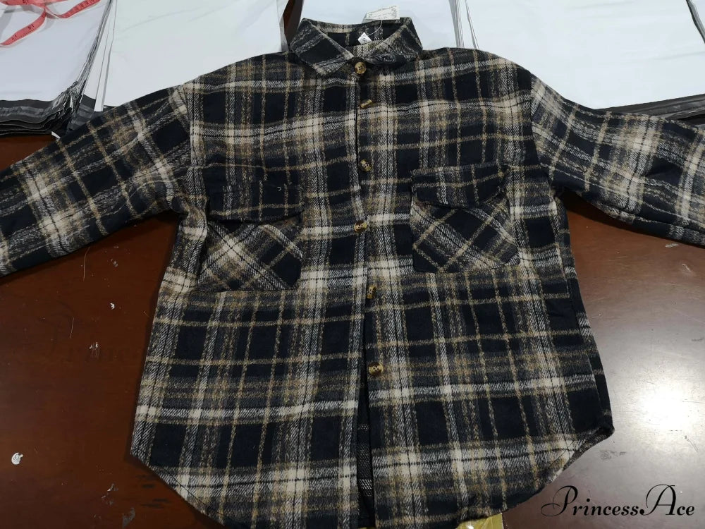 Korean Flannel Plaid Boyfriend Oversized Blouse Casual for Women Autumn Street Tunic Shirts Blouse Vintage Tops
