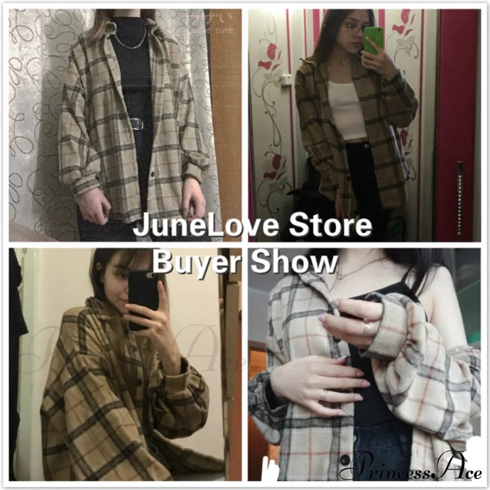Korean Flannel Plaid Boyfriend Oversized Blouse Casual for Women Autumn Street Tunic Shirts Blouse Vintage Tops