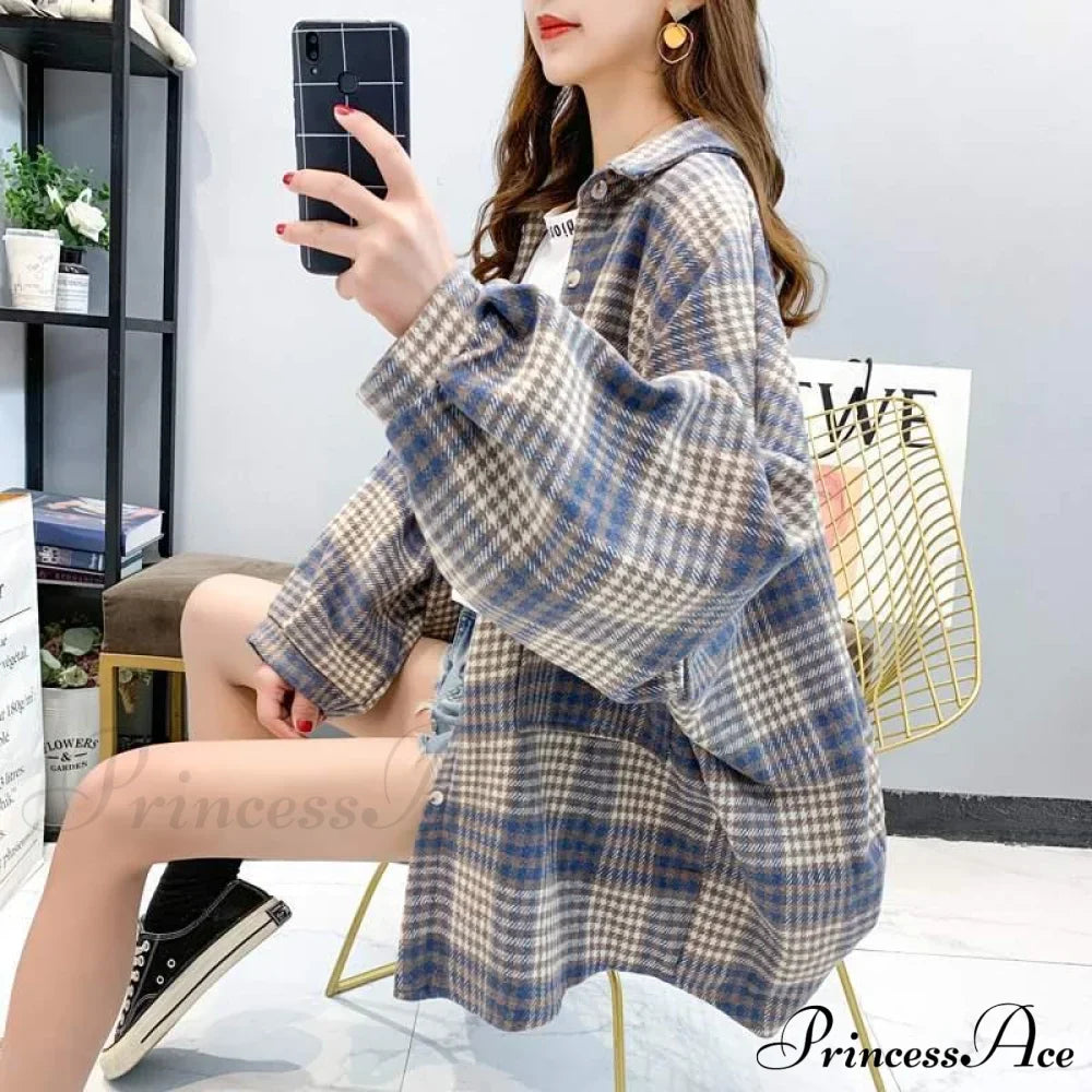 Korean Flannel Plaid Boyfriend Oversized Blouse Casual for Women Autumn Street Tunic Shirts Blouse Vintage Tops
