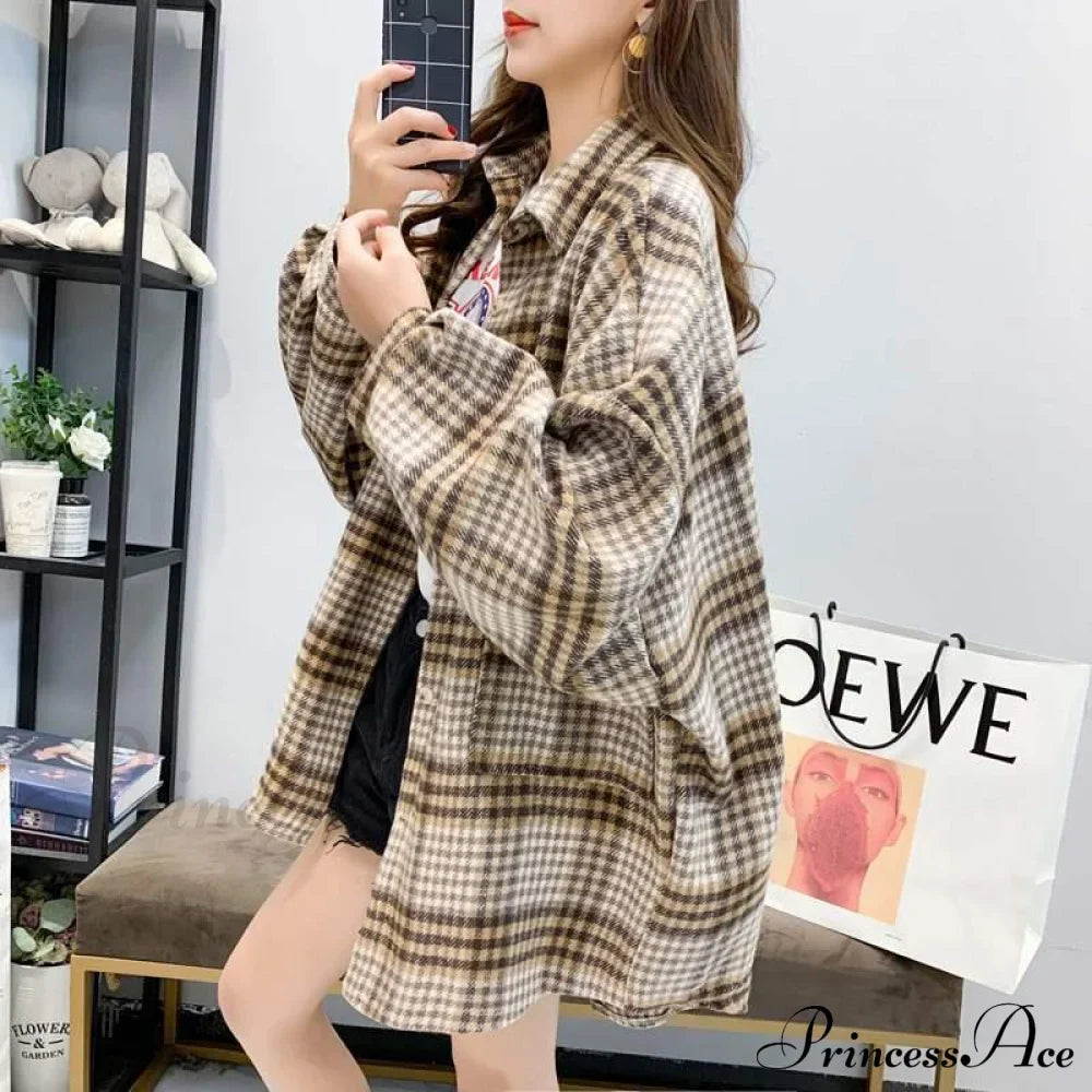 Korean Flannel Plaid Boyfriend Oversized Blouse Casual for Women Autumn Street Tunic Shirts Blouse Vintage Tops
