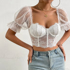 Korean Mesh Sheer Puff Sleeve Lace Crop Top