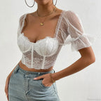 Korean Mesh Sheer Puff Sleeve Lace Crop Top