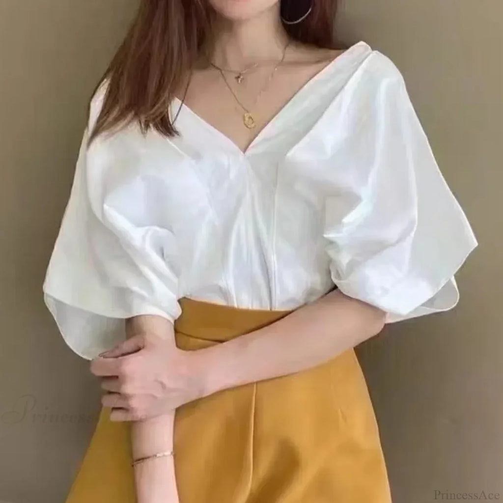 Korean Ruffle Design V-neck Short Sleeve Casual Blouse