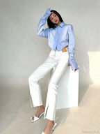 Korean Style Long Sleeve Button Crop Blouse