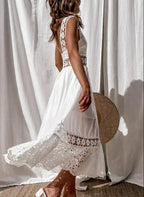 Lace Cotton Sleeveless White Hollow Out Maxi Boho Sundress