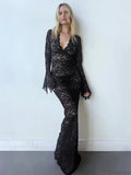 Lace Deep V Neck Flared Sleeve Vacation Dress