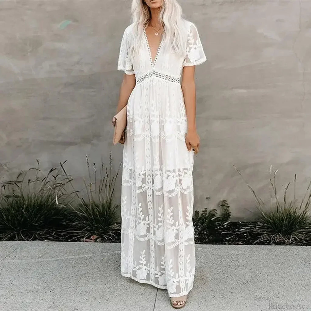 Lace Embroidery Patchwork Long Sleeve White Boho Dress