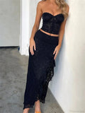 Lace Floral Bustiers Crop Top High Split Long Skirt Set