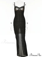 Lace Floral for Women Sexy Sleeveless Strap See Through Evening Cocktail Back Split Black Vestidos