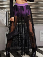 Lace Floral Long Maxi Skirt Solid Mesh Built-in Shorts Skirt