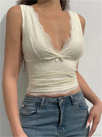 Lace Floral Slim V-neck Solid Tank Crop Top