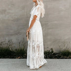 Lace Maxi Dress Vintage White Deep V-neck Summer Dress