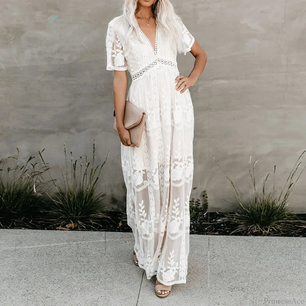 Lace Maxi Dress Vintage White Deep V-neck Summer Dress
