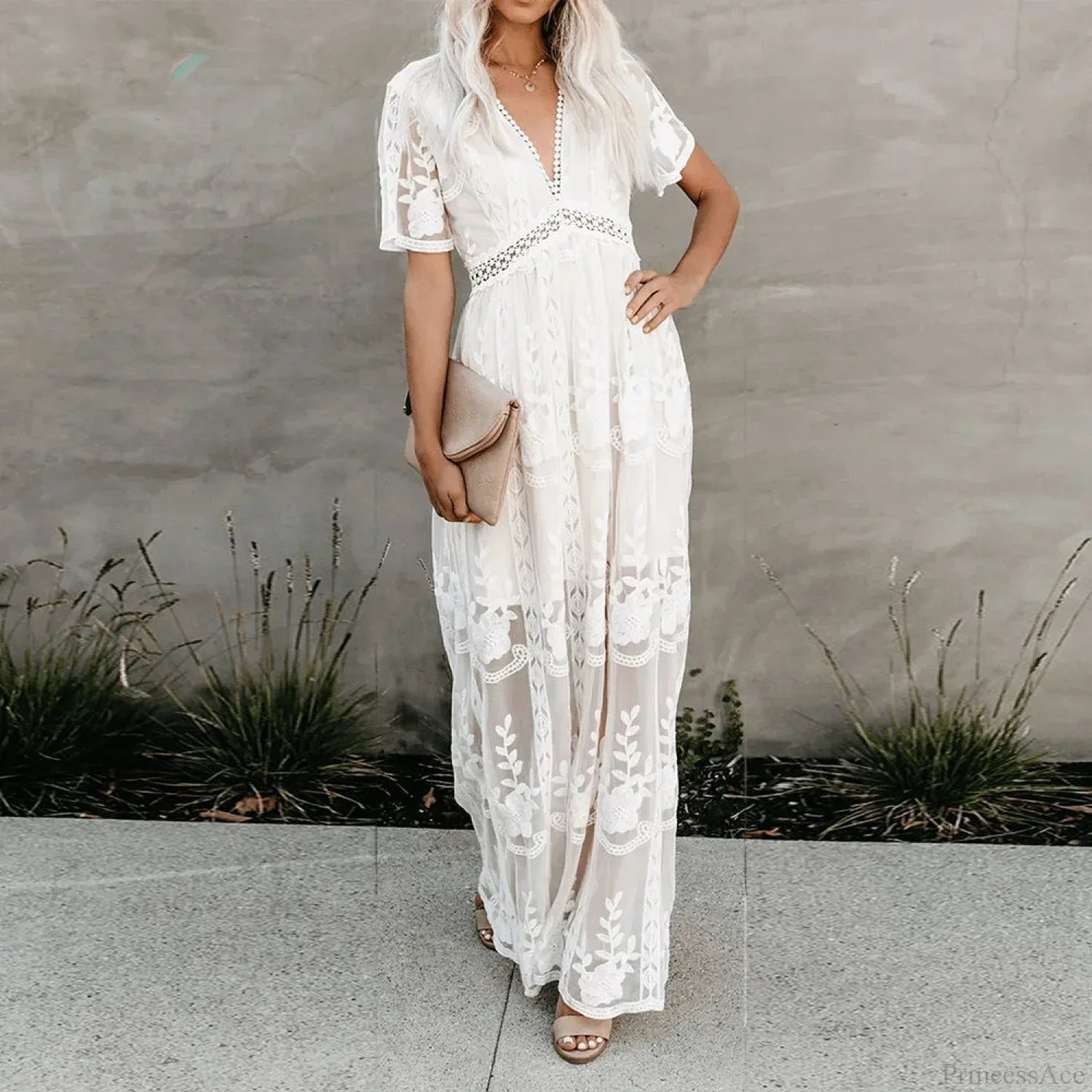 Lace Maxi Dress Vintage White Deep V-neck Summer Dress
