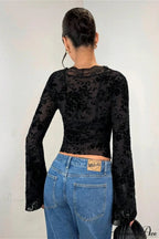 Lace Panel Leopard Slim Flared Sleeve Long Sleeve Tee