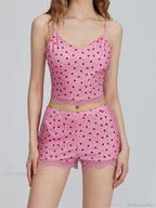 Lace Patchwork Heart Print Camis Crop Top with Casual Shorts Pajama Set