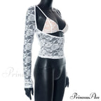 Lace Sheer Long Sleeve Graceful Cut Out Bralette Top