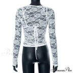 Lace Sheer Long Sleeve Graceful Cut Out Bralette Top