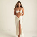 Lace Solid Strappy Skirt Three Piece Swimsuit