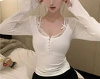 Lace Stitching V-neck Skinny Pink Coquette Aesthetic Top Women