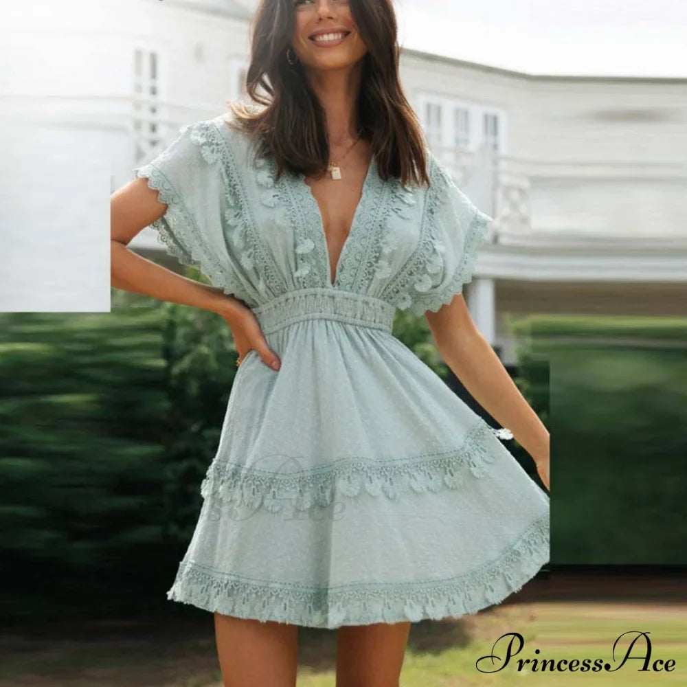 Lace Tie Up Beach Modern Ladies Ruffle Mini Dress