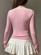 Lace Trim Cropped Slim Square Collar Long Sleeve Knit Top