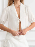Lace Trim Front Tie-Up V-neck Blouse