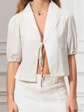 Lace Trim Front Tie-Up V-neck Blouse