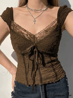 Lace Trim Graceful Buttoned Crop Top