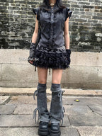 Lace Trim Puffy Ruffle Skirt