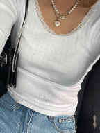 Lace Trim White Trendy Cropped Knit Top