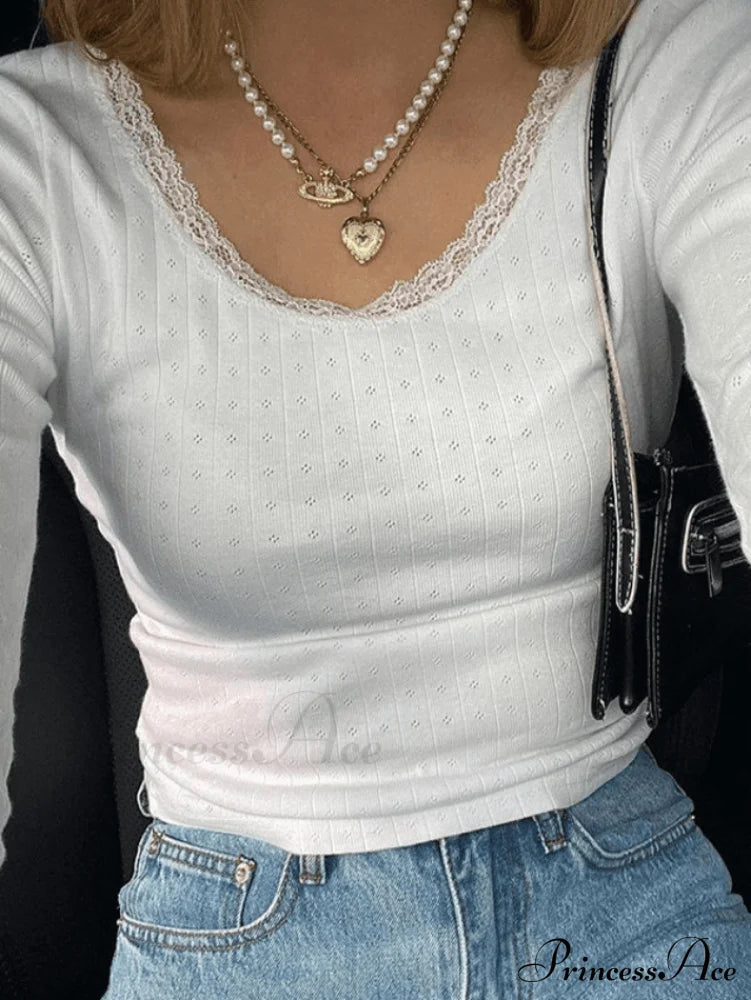 Lace Trim White Trendy Cropped Knit Top
