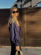 Lace Up Collision Striped Round Neck Blouse