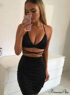 Lace Up Crop Top Two Piece Set with Deep V Neck