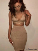 Lace Up Crop Top Two Piece Set with Deep V Neck