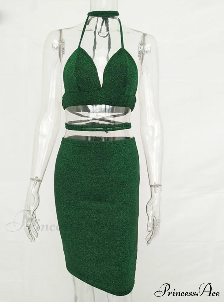 Lace Up Crop Top Two Piece Set with Deep V Neck