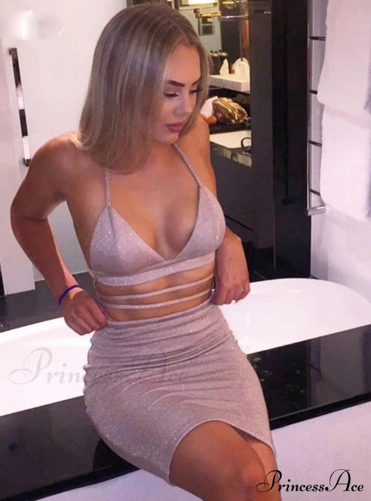 Lace Up Crop Top Two Piece Set with Deep V Neck