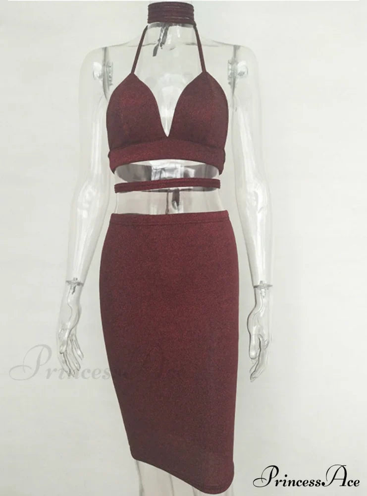 Lace Up Crop Top Two Piece Set with Deep V Neck