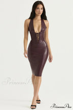 Lace-Up Faux Leather Charming Halter Midi Dress