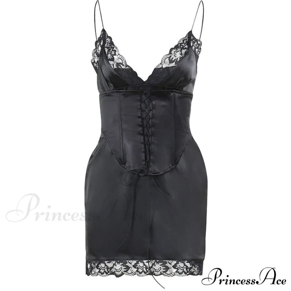 Lace Up Front Cami Dress with Contrast Lace