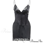 Lace Up Front Cami Dress with Contrast Lace