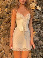 Lace Up Front Cami Dress with Contrast Lace